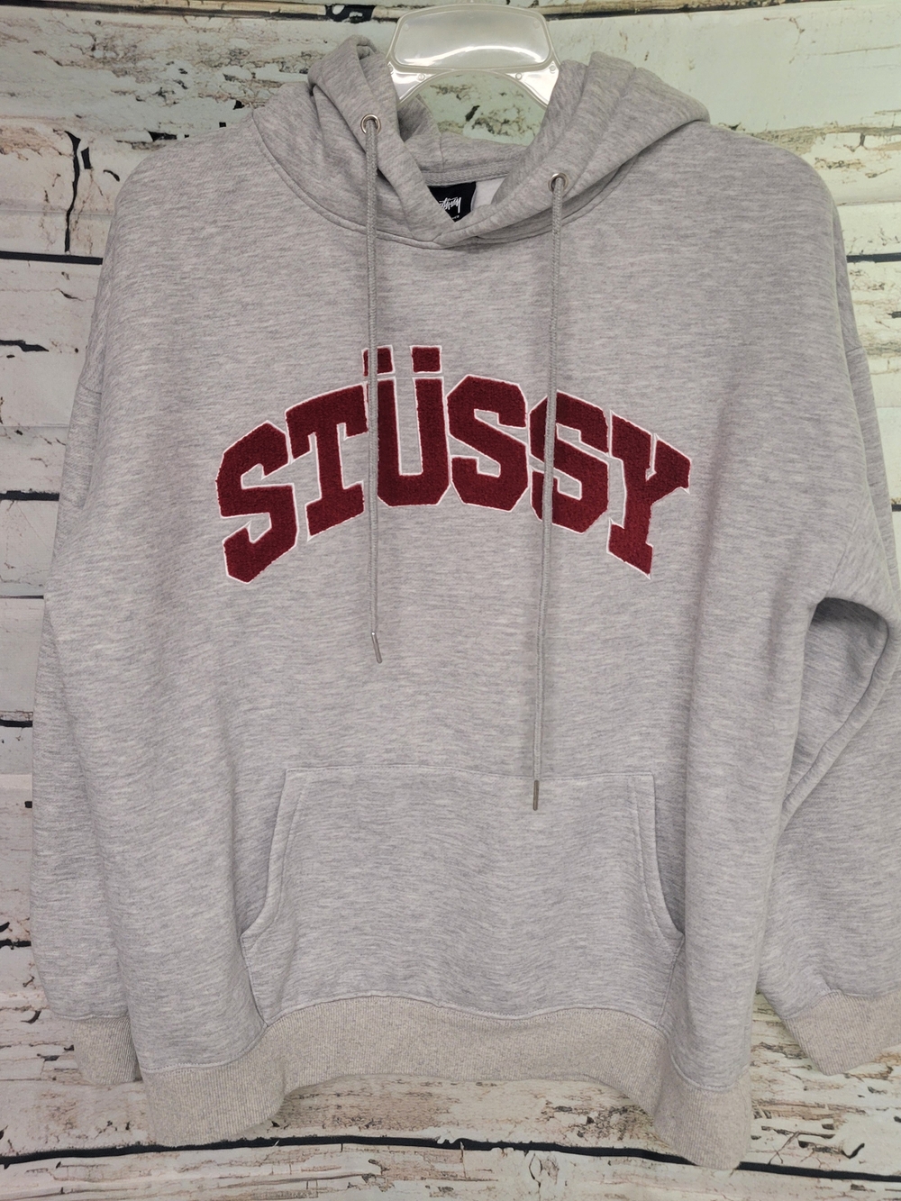 Stüssy Gray Collegiate Logo Pullover Hoodie XL Streetwear Boxy Fit Unisex